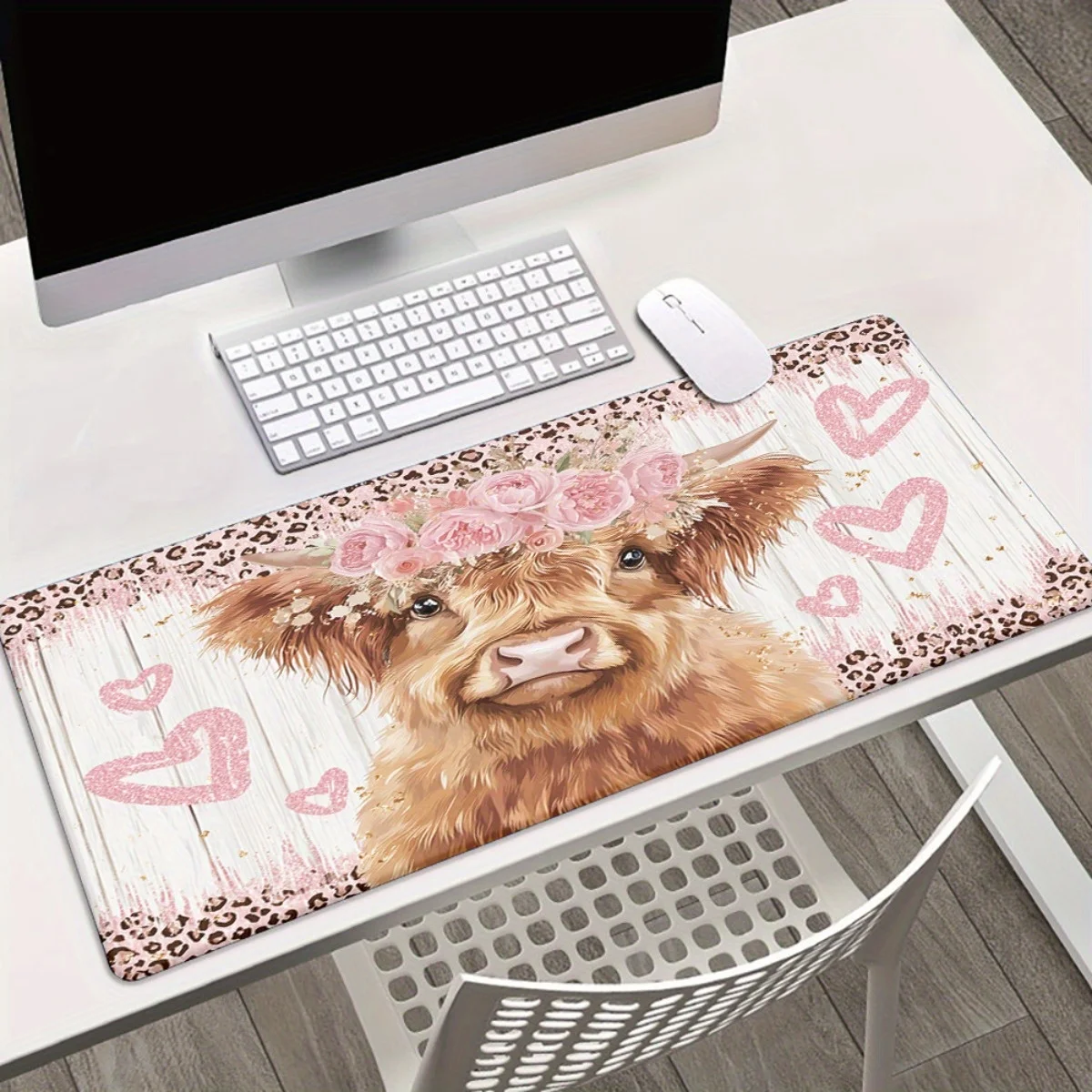 CIFBUY Highland Cow Pink Flowers Heart XXL Mouse Pad Non-slip Rubber Base Large Office Desk Mat Gaming Home Decor