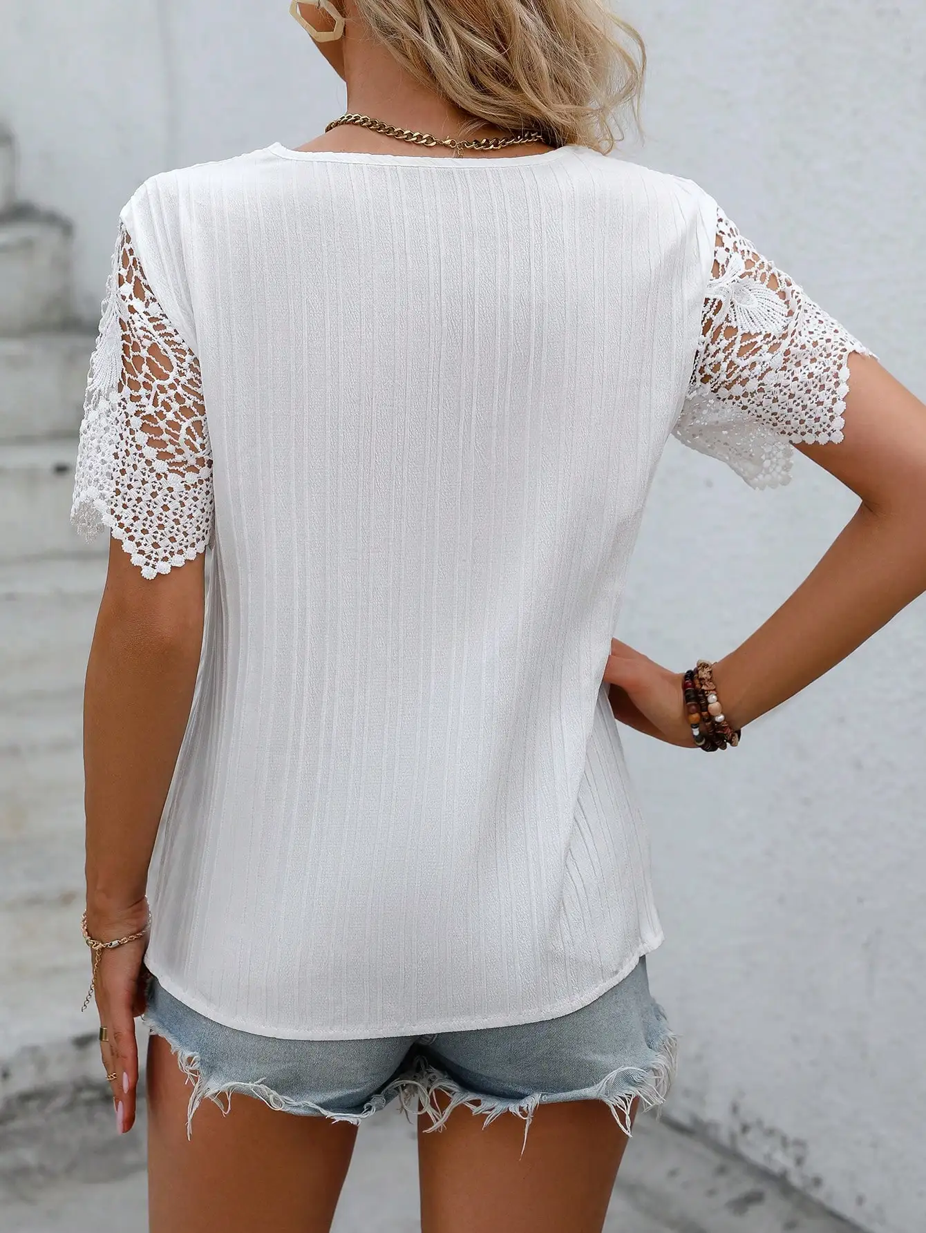 2024 New V-neck Women\'s Shirt Lace V-neck Lace Short Sleeves Multiple Colors Women\'s Shirts