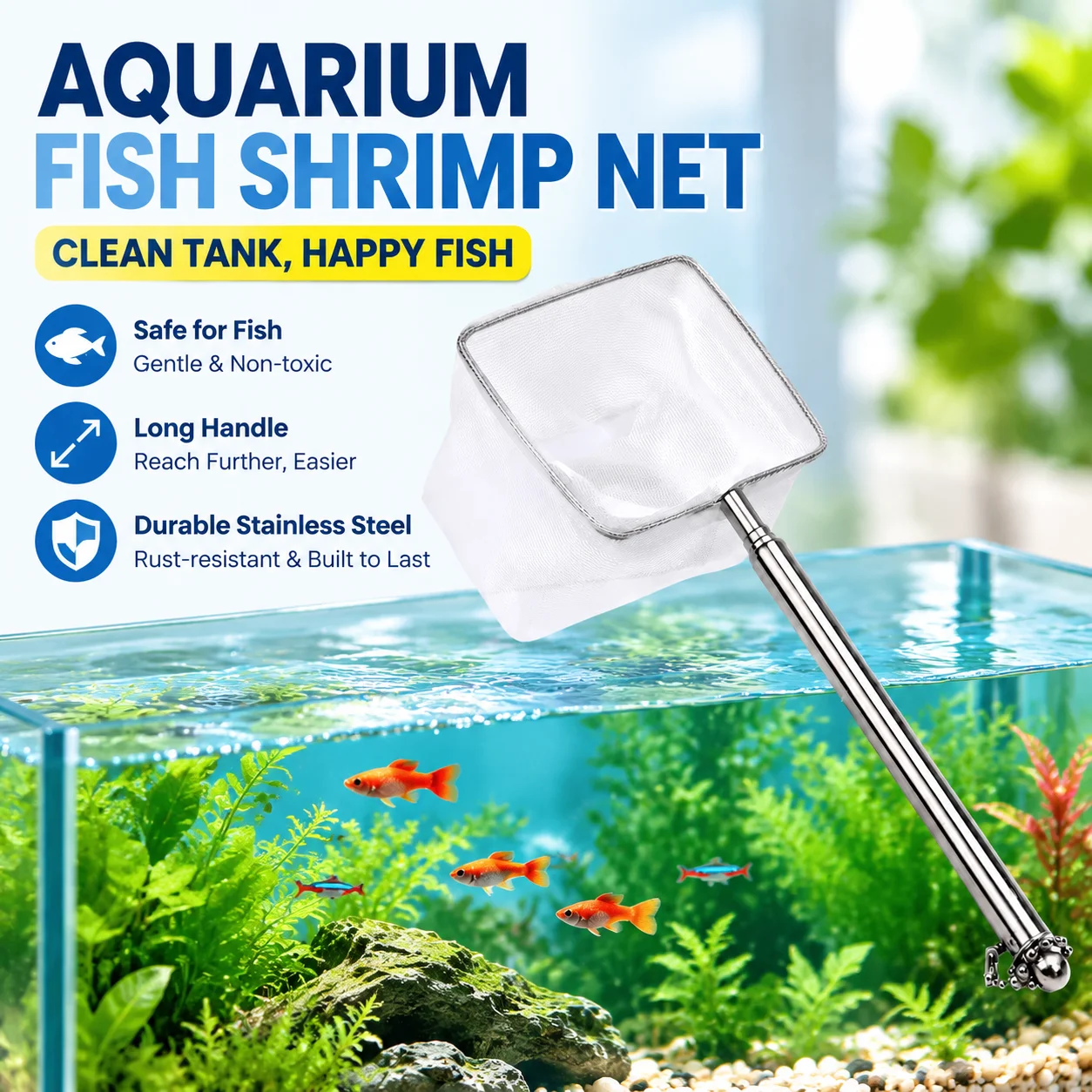 Aquarium Square Fish Shrimp Net with Suction Cup, Extendable Long Stainless Steel Handle for Tank Cleaning, White