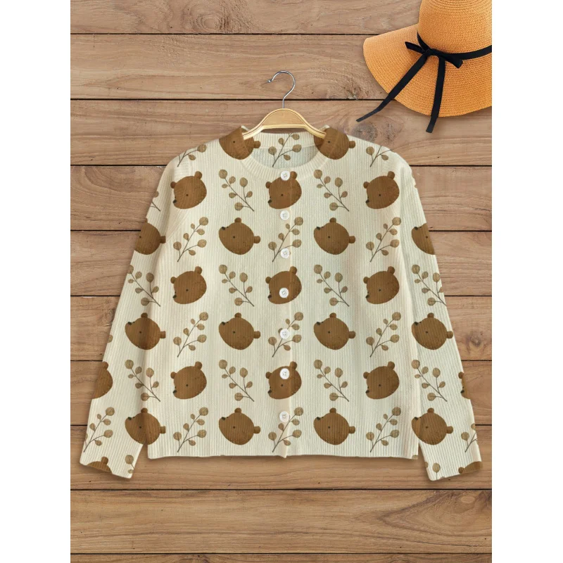 

Женский свитер в консервативном стиле с мультяшным цветочным принтом медведя, вязаный кардиган, утолщенный свободный кардиган с круглым вырезом и длинными рукавами на пуговицах, осень-зима