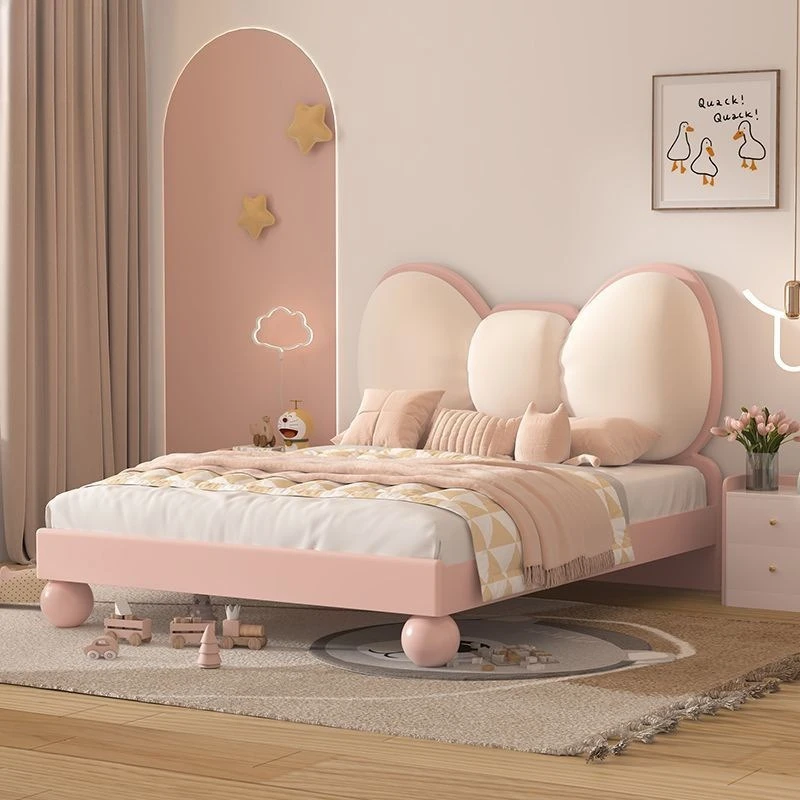 Solid wood bed modern simple girl princess bed pink bedroom furniture soft bag bow child bed