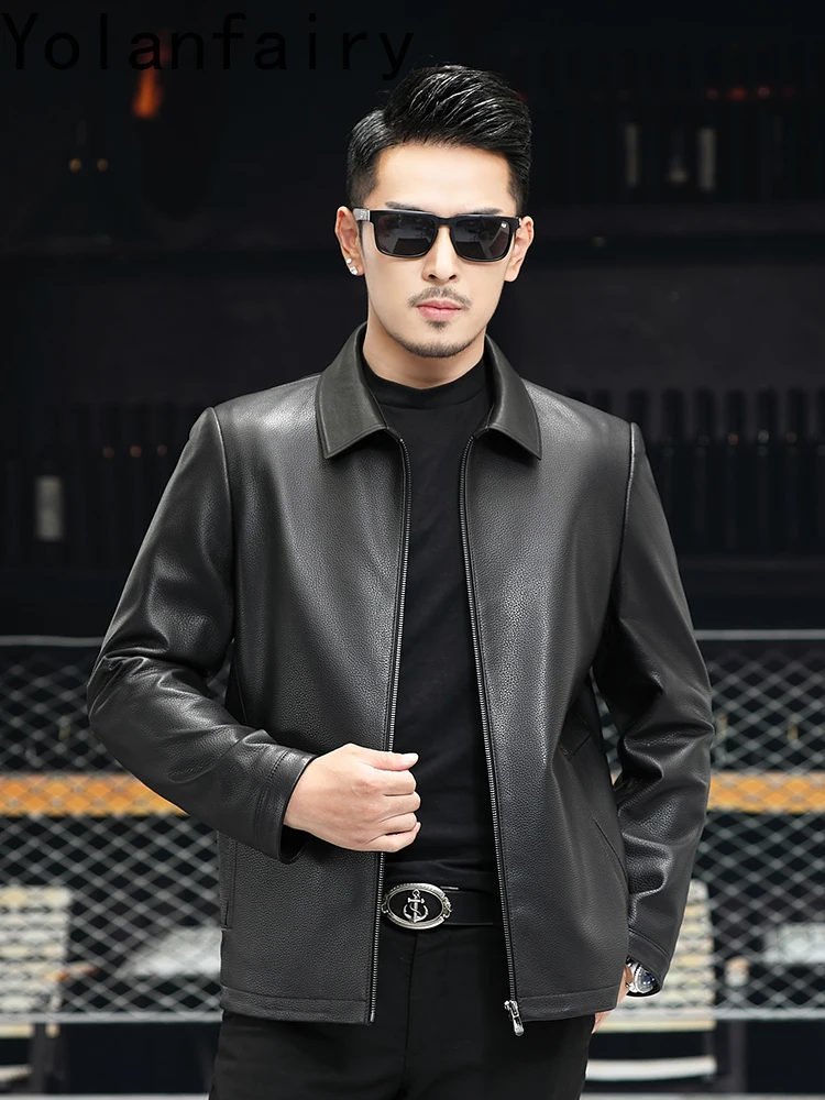 YOLANFAIRY Top Quality 100% Real Sheepskin Leather Jackets Man Fashion Short Men Leather Jacket Rice Grain Pattern Leather Coat