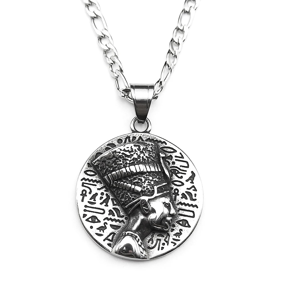 Nefertiti Ancient Egyptian Pharaoh Nefertiti Mural Ankh Cross Pendant Necklace Cultural Symbol Protective Titanium Steel Jewelry