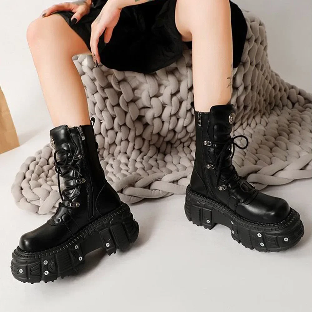 2024 New Brand Punk Style Women Shoes Lace-up Platform Shoes Woman Rock Boots Metal Decor Thick Bottom Street Shot Knight