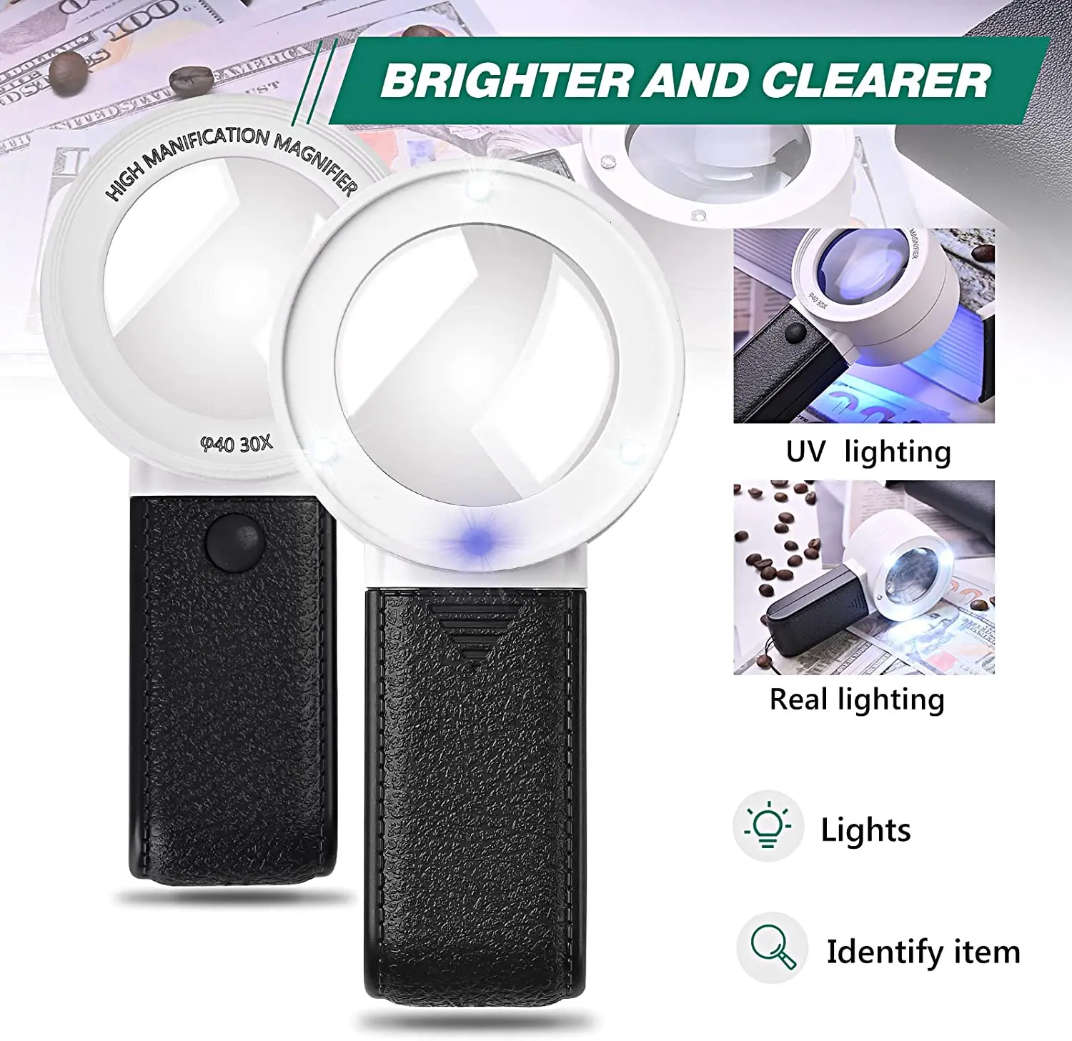 

3 LED 1 UV Light Handheld Magnifying Glass 30X double layer optical Magnifying Glass Jewelry Stamps Loupe For Seniors Reading