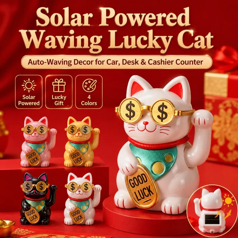 2 Inch Solar Powered Waving Lucky Cat Auto Beckoning Maneki Neko Car Dashboard Desk Cashier Counter Decor Gift