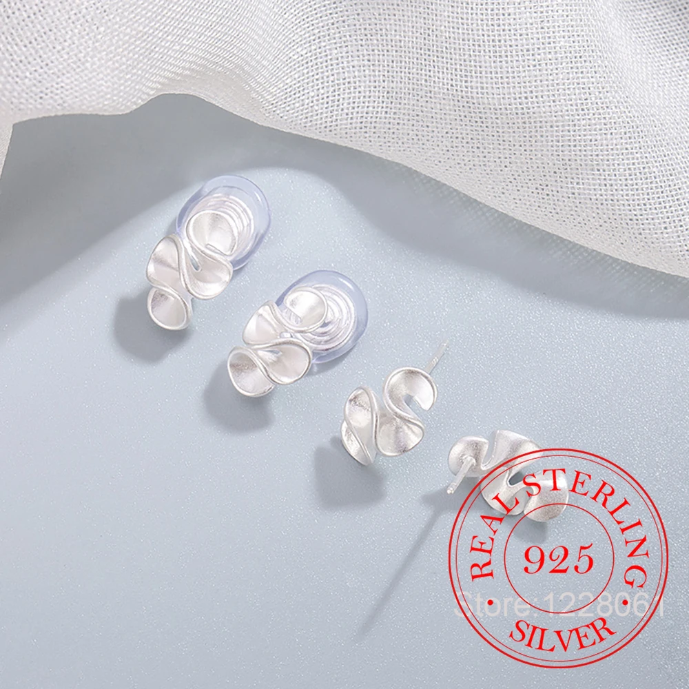 Simple 925 Sterling Silver Ruffle Pleats Clip Stud Earrings For Woman Piercing Jewelry Aretes De Mujer Party Gift