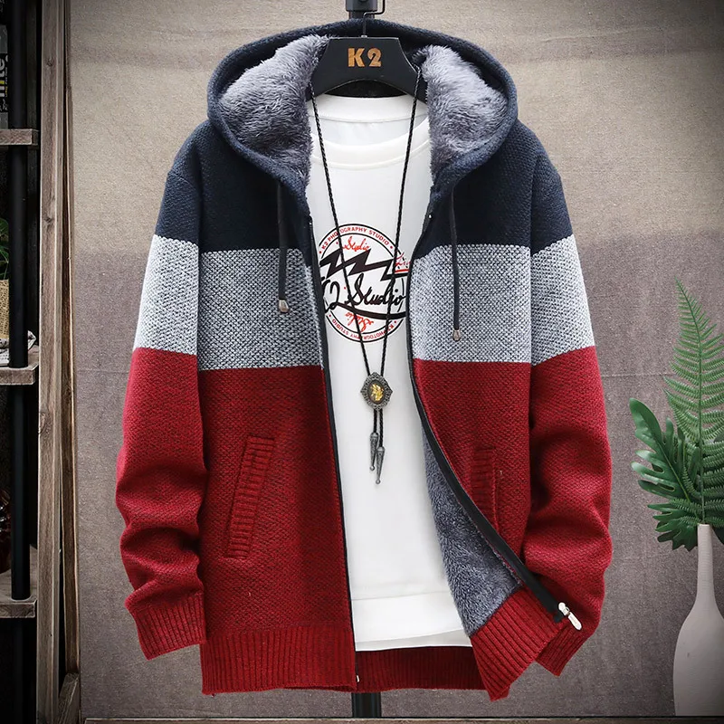 New Men's Clothing Fashion Color Blocking Knit Sweater Coats Hooded Zippers Jackets Warm Gradual Fleece-lined and Thickene Tops