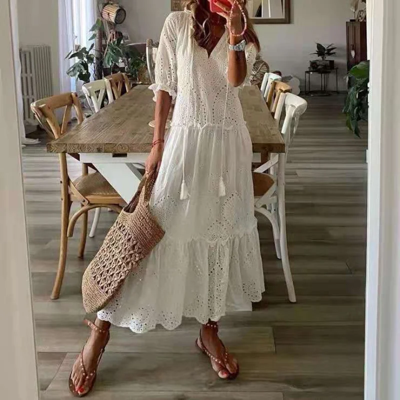 

Women's V-neck Lace Sexy Dress Summer Casual Sreetwear Short Sleeve Print A-Line Maxi Dresses