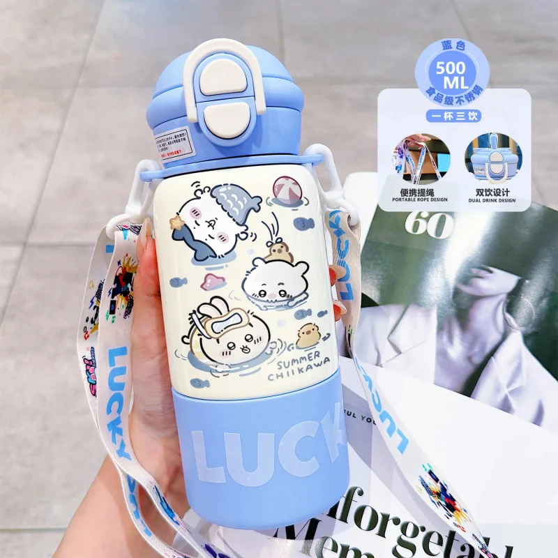 500ml Kawaii Chiikawa Sommer-Isolierflasche aus Edelstahl, Drei-Wege-Trinkbecher mit Schultergurt, ideal für den täglichen Gebrauch