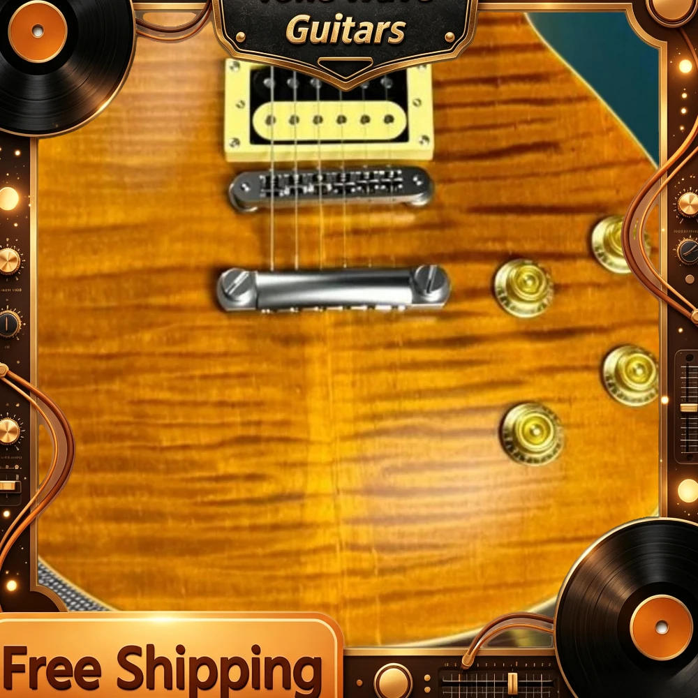 Hot Amber Tiger Flame LPQW Style Electric Guitar Dual Humbucker Flamed Maple Top Block Fret Inlay Rock Guitar  Free Shipping