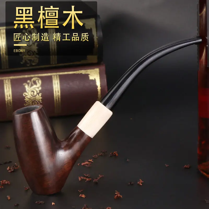Classic Long Solid Ebony Wood Churchwarden Bent Smoking Pipe Tobacco Pipe Fit for 9mm Filter Gift for Father