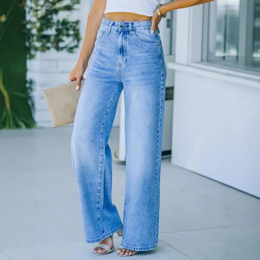 Jeans vintage de perna larga de cor sólida. Europa e Estados Unidos feminino outono e inverno confortável casual até o chão jeans