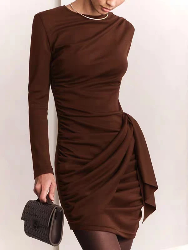 

Autumn Winter New Arrival Women's Solid Slim Fit Elegant Long Sleeve Ruched Wrap Chocolate Brown Bodycon Evening Party Dress