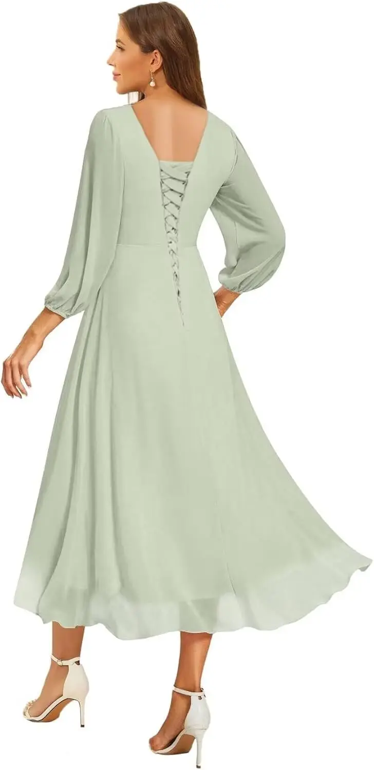 فستان وصيفة العروس نسائي شيفون برقبة على شكل V وأكمام طويلة مطوي على شكل حرف a طول ميدي فستان زفاف الضيوف فستان رسمي نسائي أنيق