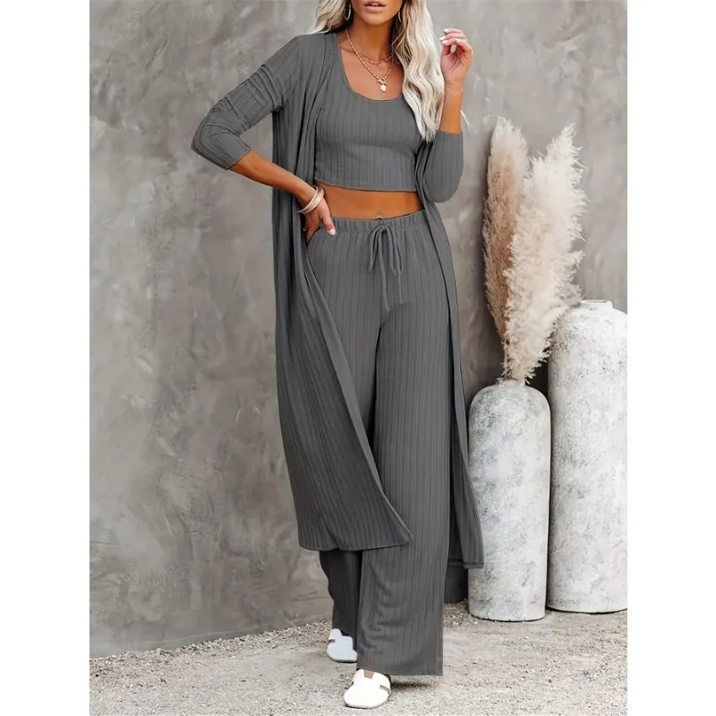 سترة علوية نسائية مقاس كبير بلون سادة وقميص بدون أكمام داخلي وكاجوال برباط فضفاض طقم مكون من 3 قطع