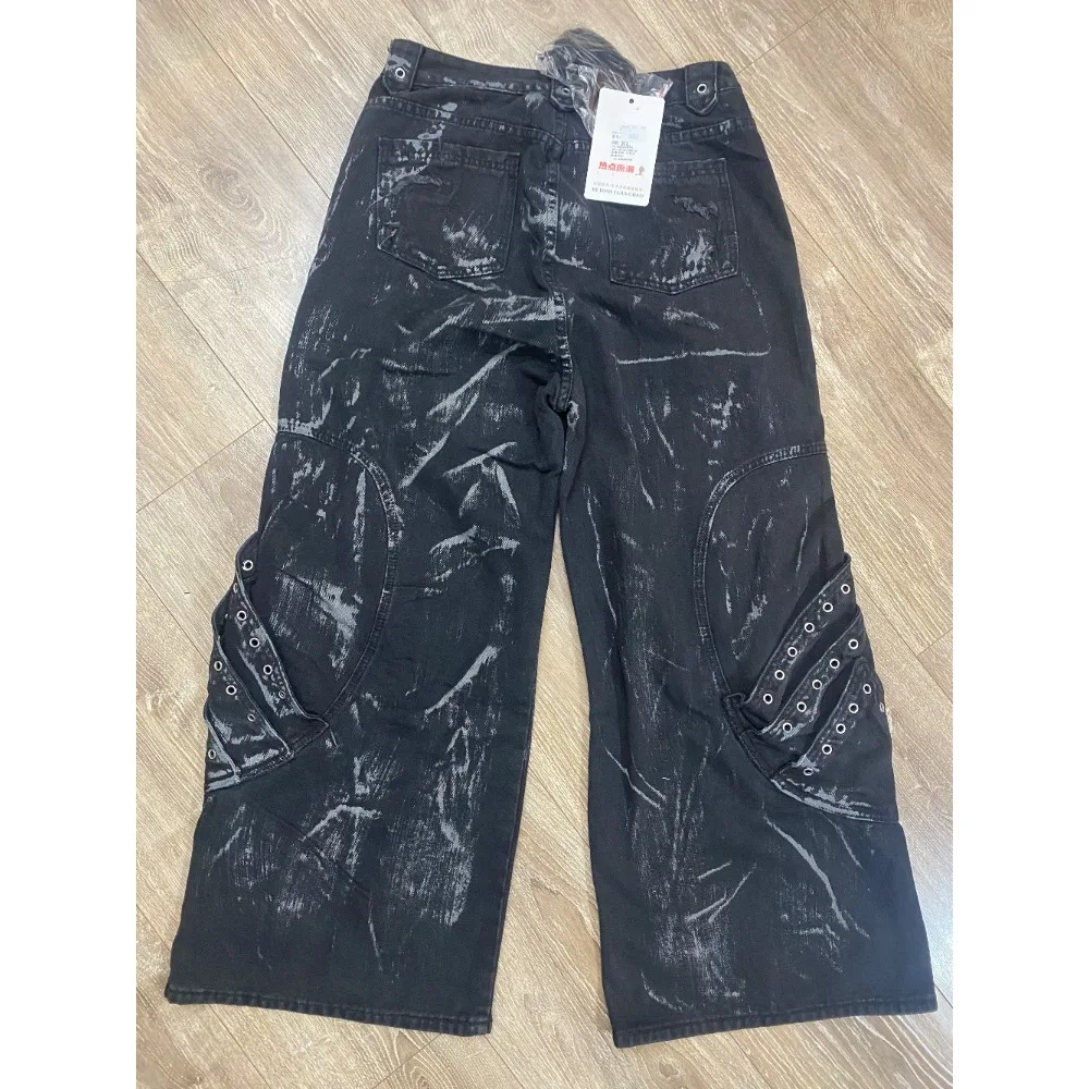 High Street Men's New Denim Trousers – Patchwork Contrast Color Drawstring Raw Edge Dirty-Dying Worn-Out Jeans