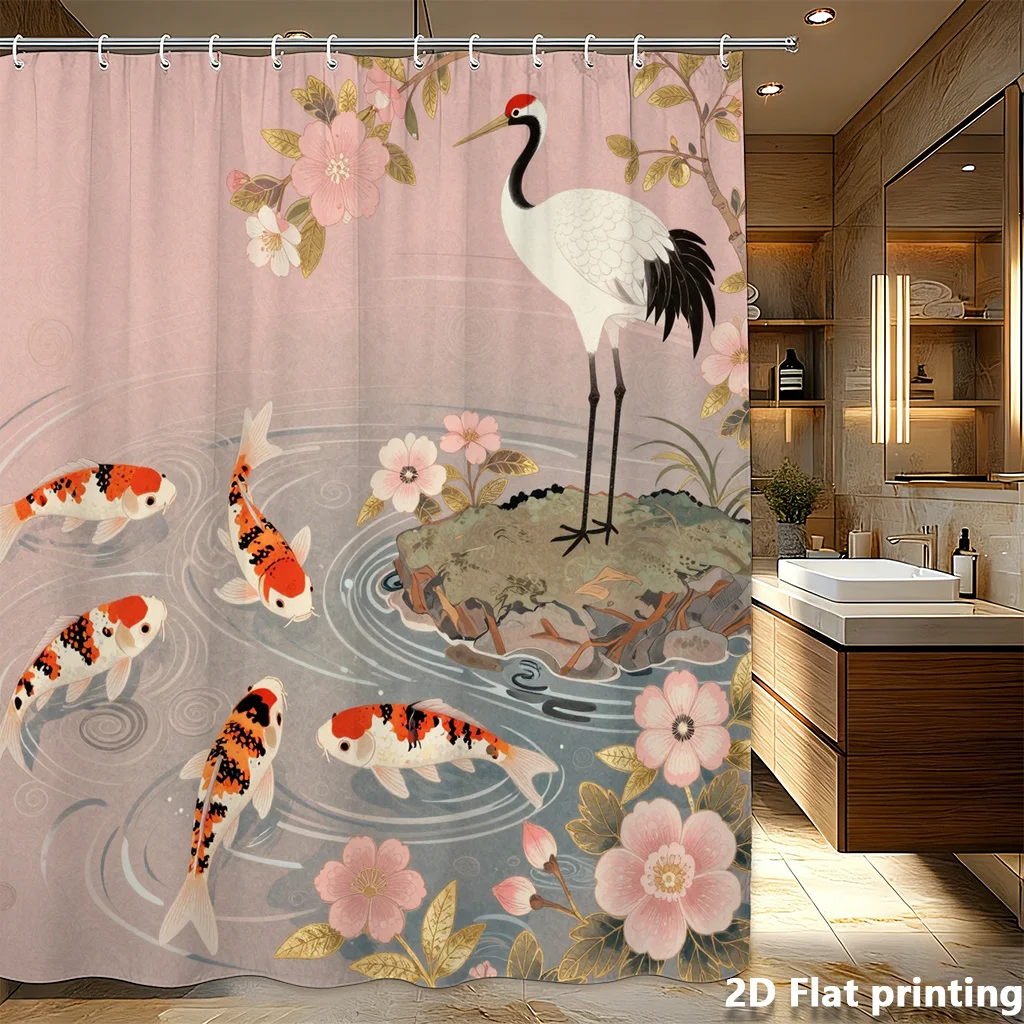 

Japanese Crane & Koi Fish Shower Curtain – Pink Flowers, Water Ripples, Beige-Grey Background, 2D Flat Print, Polyester