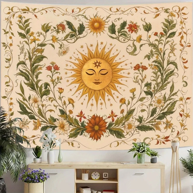 VIKAMA Sun Floral Tapestry, Boho Celestial Botanical Print Wall Cloth for Bedroom Dorm & Bohemian Room Background Decor