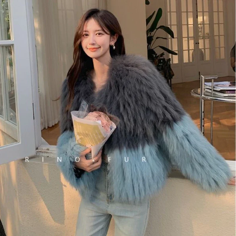 Faux Fox Fox Fur Splice Color Contrast Bomber Jacket Strips Sewed Fluffy Imitation Mink Fur Coat Furry Cardigan Hair Parkas Tops