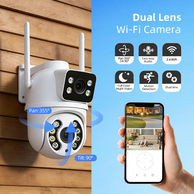 

4 МП HD Wi-Fi IP-камера PTZ для улицы с двумя экранами, ИИ-обнаружением человека, двумя объективами, двусторонней аудиосвязью, видеонаблюдение, камера безопасности