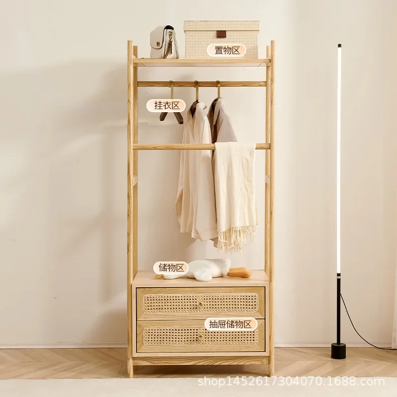 Rattan art solid wood floor-to-ceiling hanger, Nordic simple bedroom multi-functional Japanese storage
