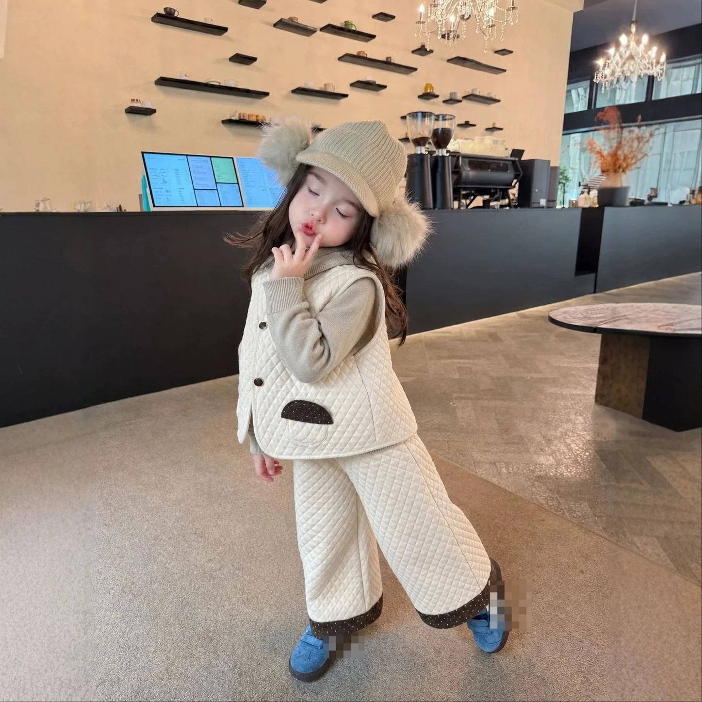 2026 Kids Set 2026 Fall Winter Girls Fleece Thick Vest Long Pants Boys Hooded Sweater Warm White Style
