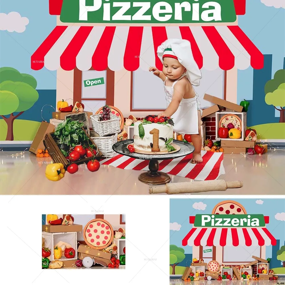 Pyszne przyjęcie z pizzą tło baner imprezowy Pizzeria sklep jedzenie warzywa szef kuchni Baby Shower fotografia tło Studio fotograficzne