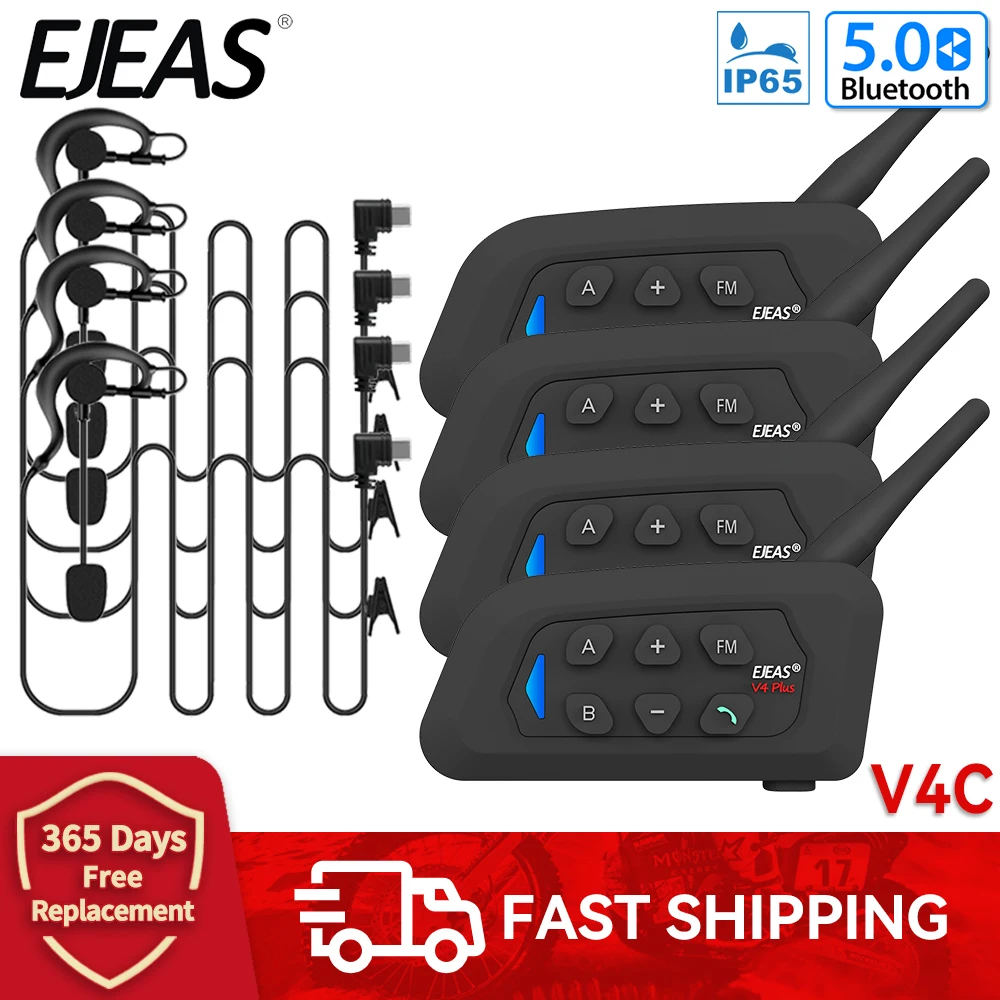 4PCS EJEAS V4C PLUS Referee Intercom 4 Users Full Duplex Bluetooth Headphone Football Conference 1500M Waterproof with FM Radio