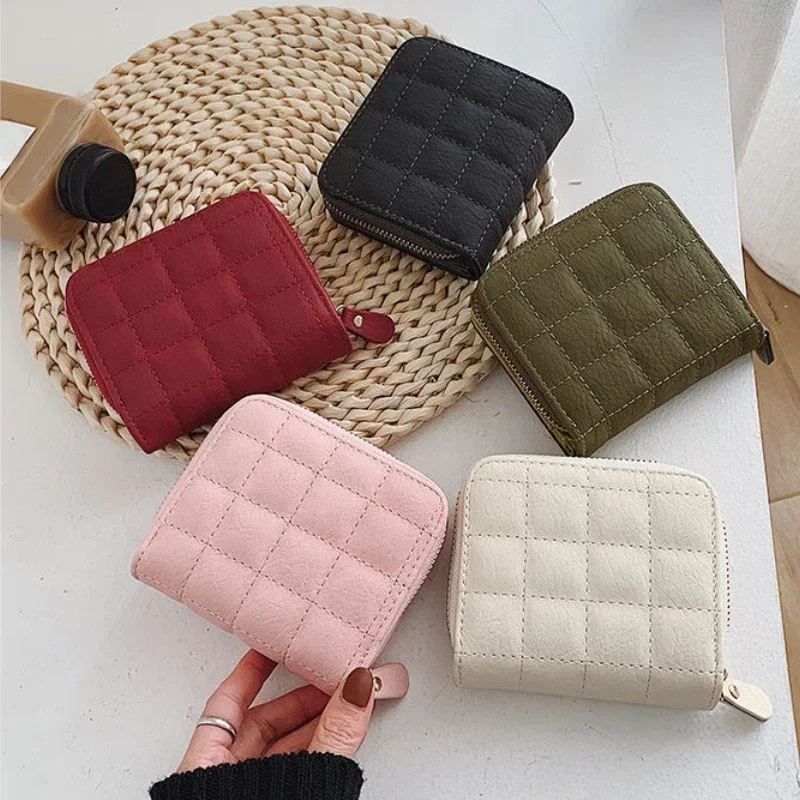 New Women's Short Wallets PU Leather Female Plaid Card Holder Wallet Fashion Brand Ladies Small Zipper Wallet with Coin Purse