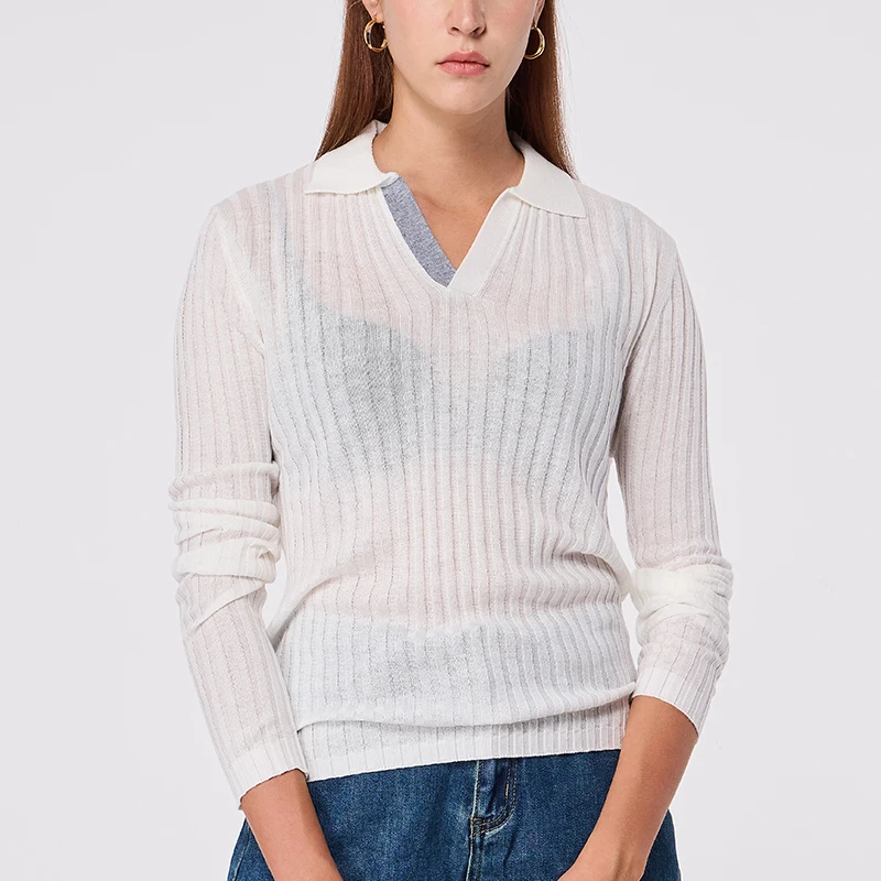 

Long Sleeve Tops for Women Polo Neck Shirt Casual Tops Patchwork Thin Knit Polo Shirts 2024 Knitted Top Elegant Woman Knitwear