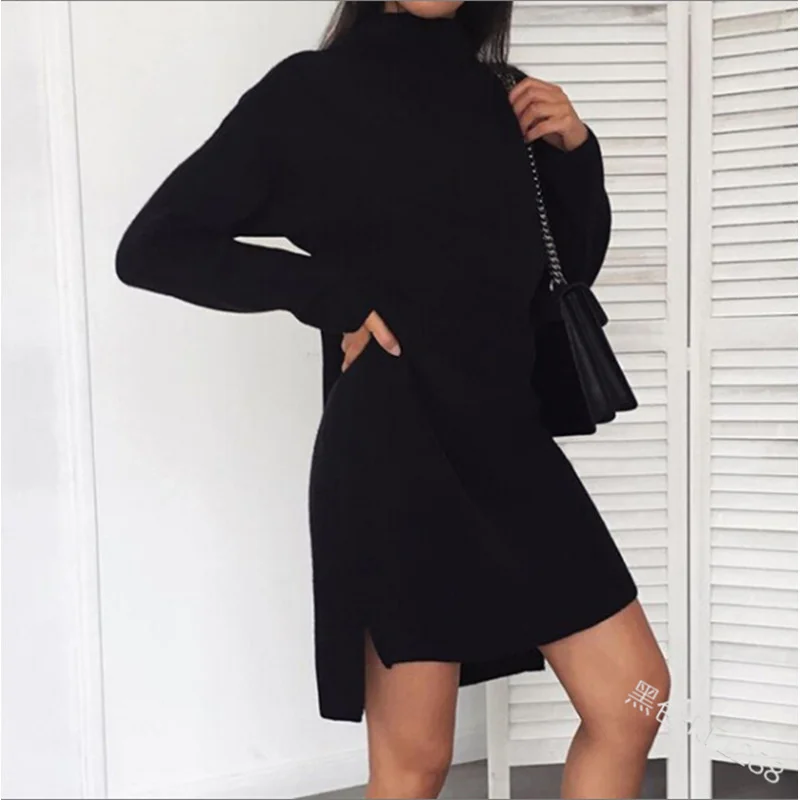 Autumn warm pure color simple fashion clean generous simple versatile long sleeve high collar bottomed women's dress