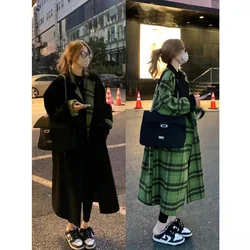 Fat mm Retro Senior Sense Positive and Negative Two Wear Green Plaid Woolen Coat Female 2023 Autumn and Winter Long Woolen Coat