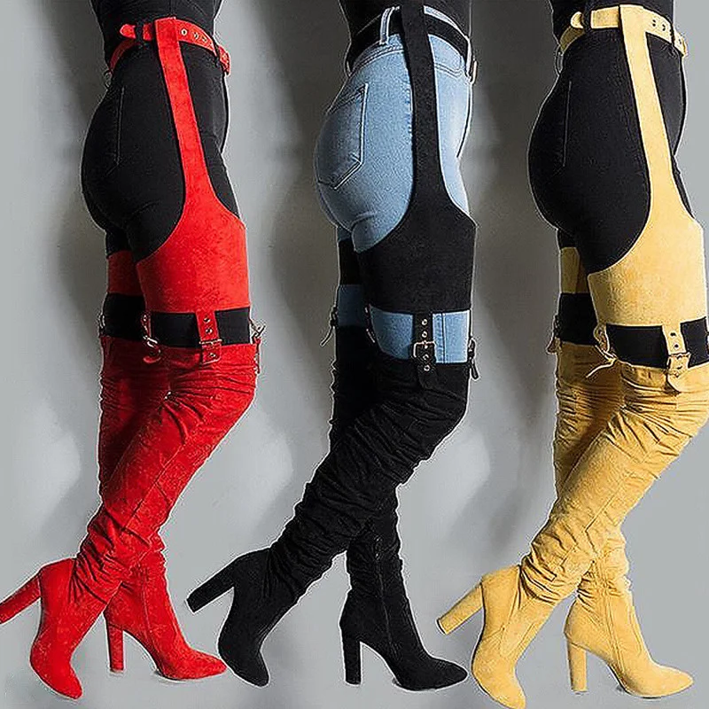 2024 Fashion Belt Women\'s Over The Knee Boots Sexy Stiletto High Heels Shoes Military Boots Girl Catwalk Boots