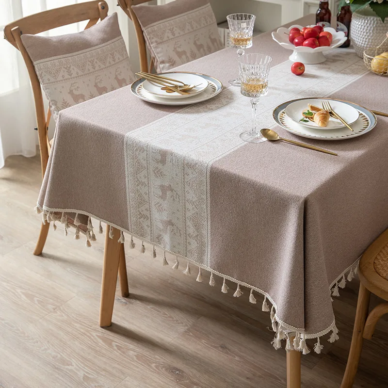 

Tablecloth Cotton Linen Table Cover Stripe Tassel Stain Resistant Dust-Proof Rustic for Kitchen Dinning Tabletop Christmas Decor