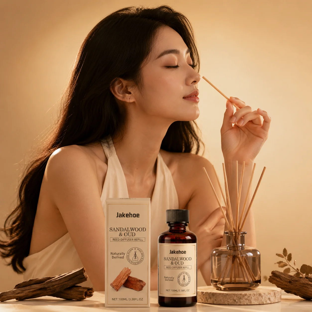 Jakehoe Sandalwood & Oud Reed Diffuser Refill Odor Remover Room Freshener Fragrance for Bedroom Bathroom Essential Oil Diffuser