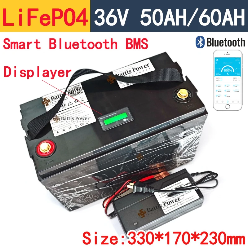 waterproof 36V 60AH Lifepo4 36V 50Ah lithium battery with BMS for 1500W scooter bike Tricycle Solar golf cart +10A charger