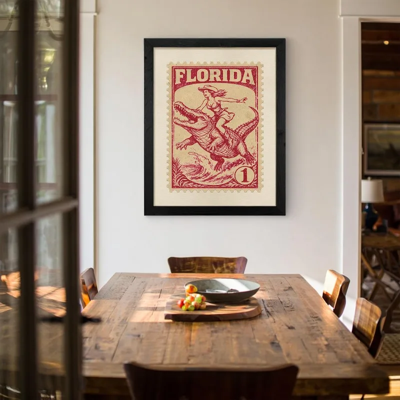 Vintage Texas Cowgirl Wall Art Old Florida Stamp Wild Western Poster Retro Cowboy Print Eclectic Bar Cart Southern Home Decor