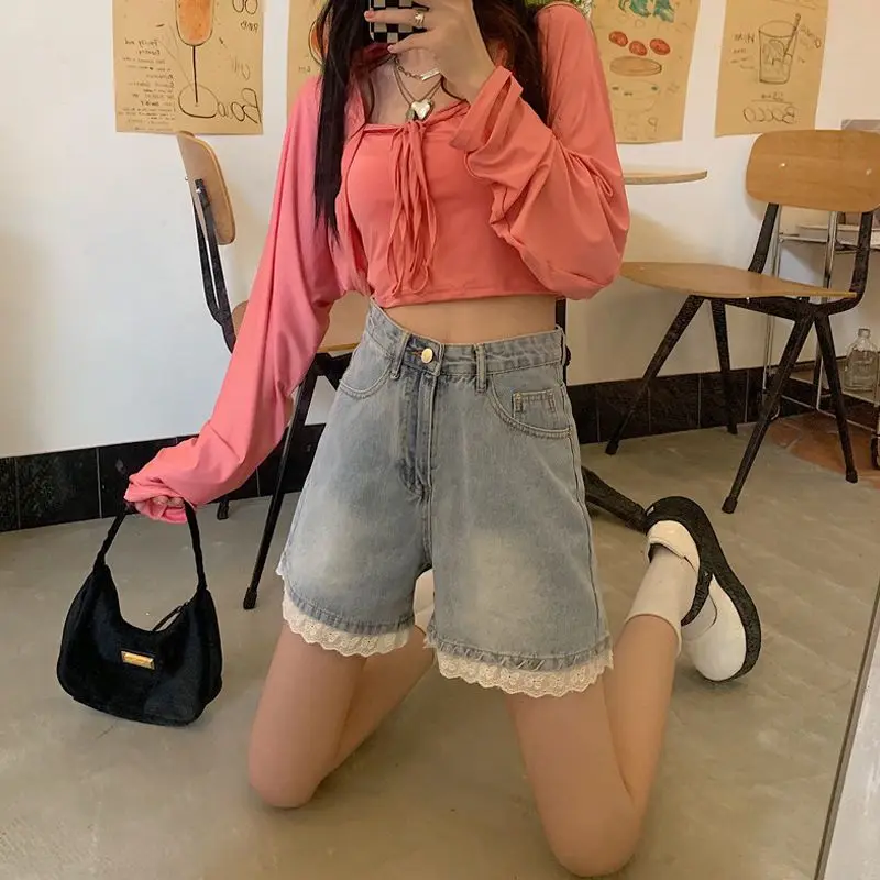 Blue Wide Leg Jeans Shorts Kawaii Lace 2023 Summer Y2k Streetwear Casual Korean Fashion Pants Women Vintage Trousers