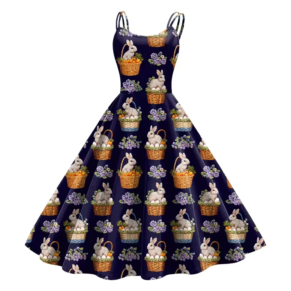 

Women Casual Easter Cute Rabbit Printed Top Sleeveless Casual Dress Beach Baggy Sundress