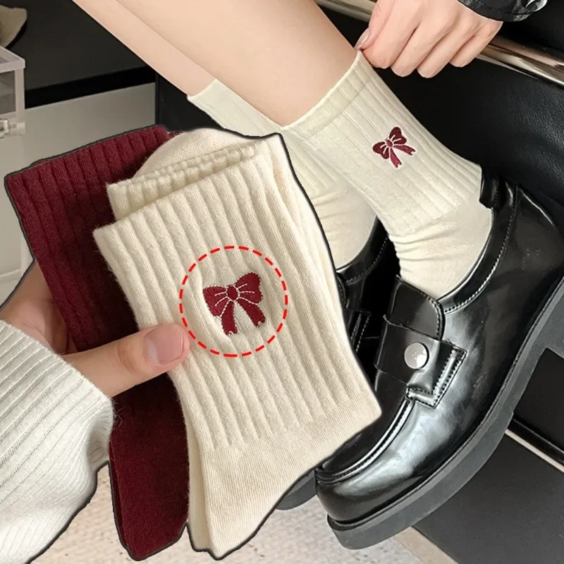 

Women New Red Lovely Bow Mid-tube Beauty Korean Fashion Academy Style Boneless Pile Cotton Comfort Ins Sock Autumn Winter Socks