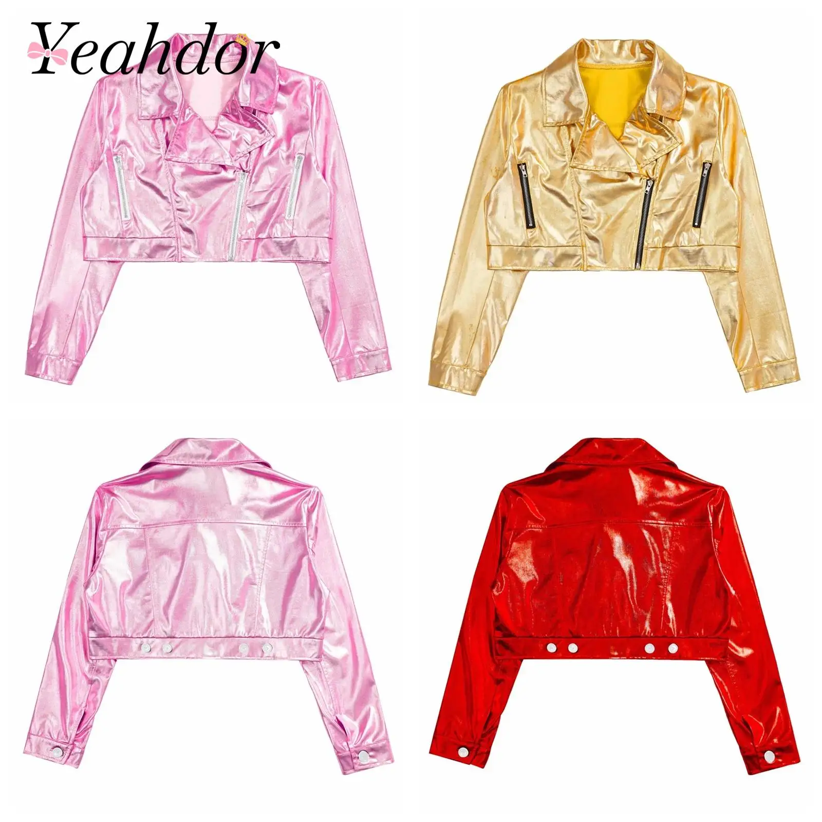 Children's Coats Kids Boys Girls Motorcycle Jacket Fashion Metallic Coats Long Sleeve Outwear for Hip-Hop Jazz Dance Costumes