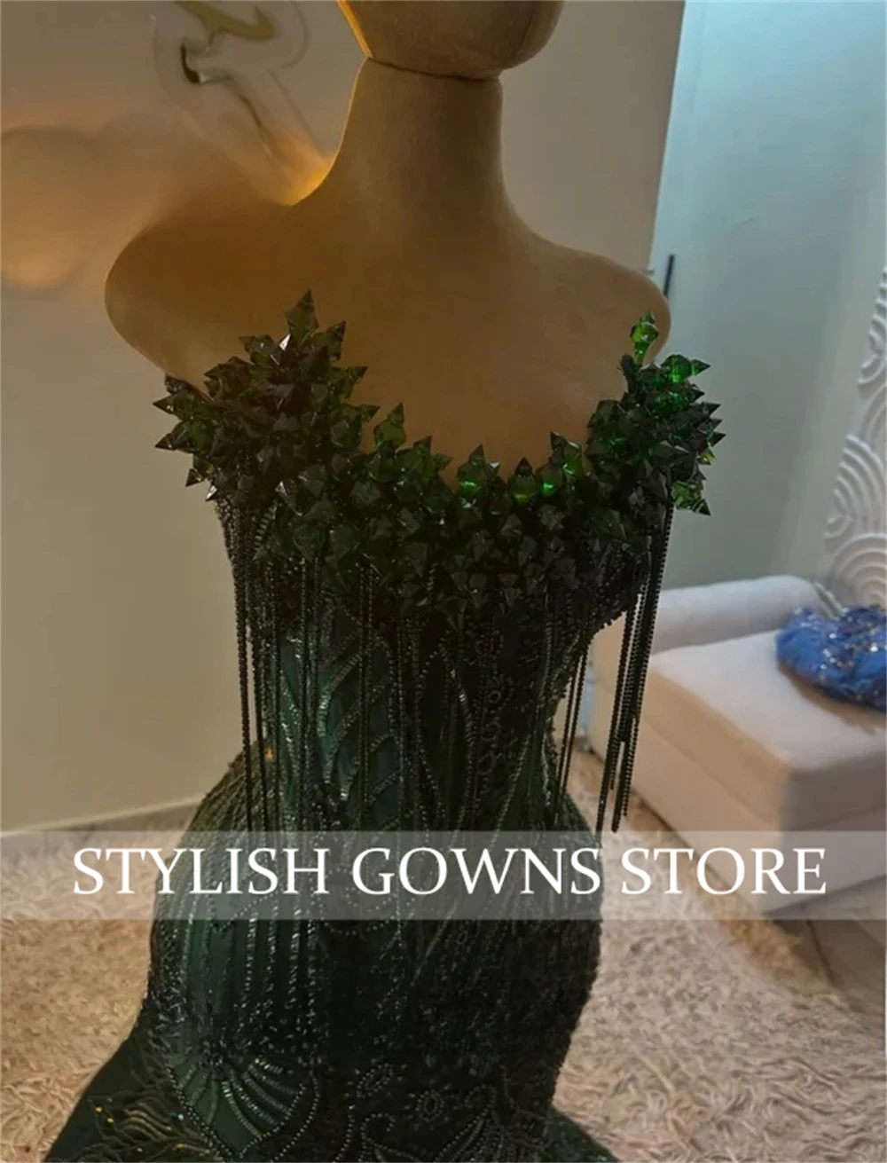 Sparkly Emerald Green Rhinestones Diamond Prom Dresses Customized Beading Evening Gowns African Wedding Party Gala Dress image 3