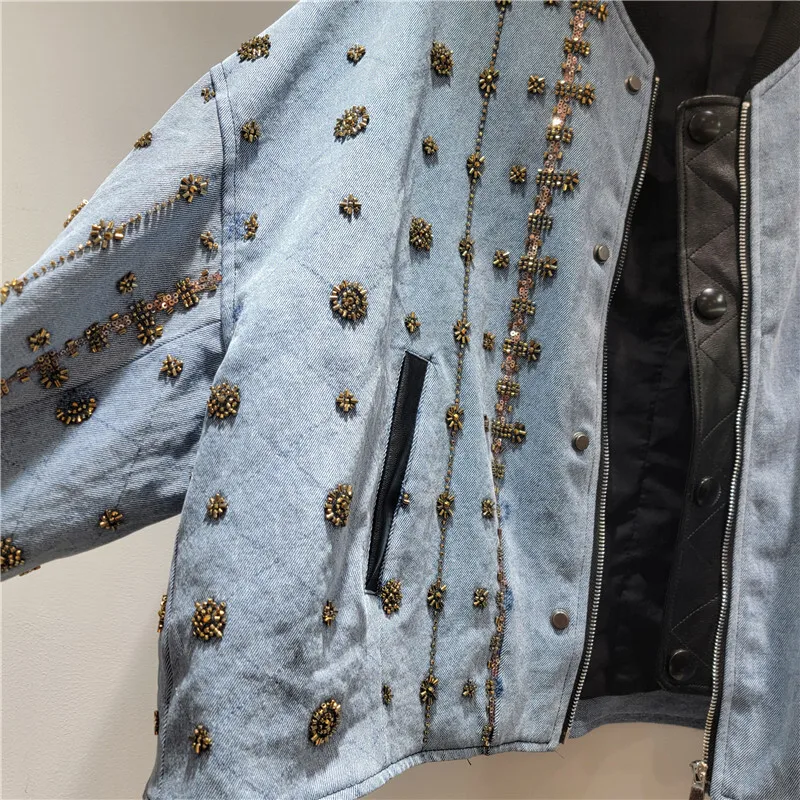 HKSH 봄 가을 신상 여성 데님 재킷 비즈 장식 컬러 블록 패치워크 스탠드 칼라 지퍼 우아한 인스 캐주얼 Y2K 코트 HK16168