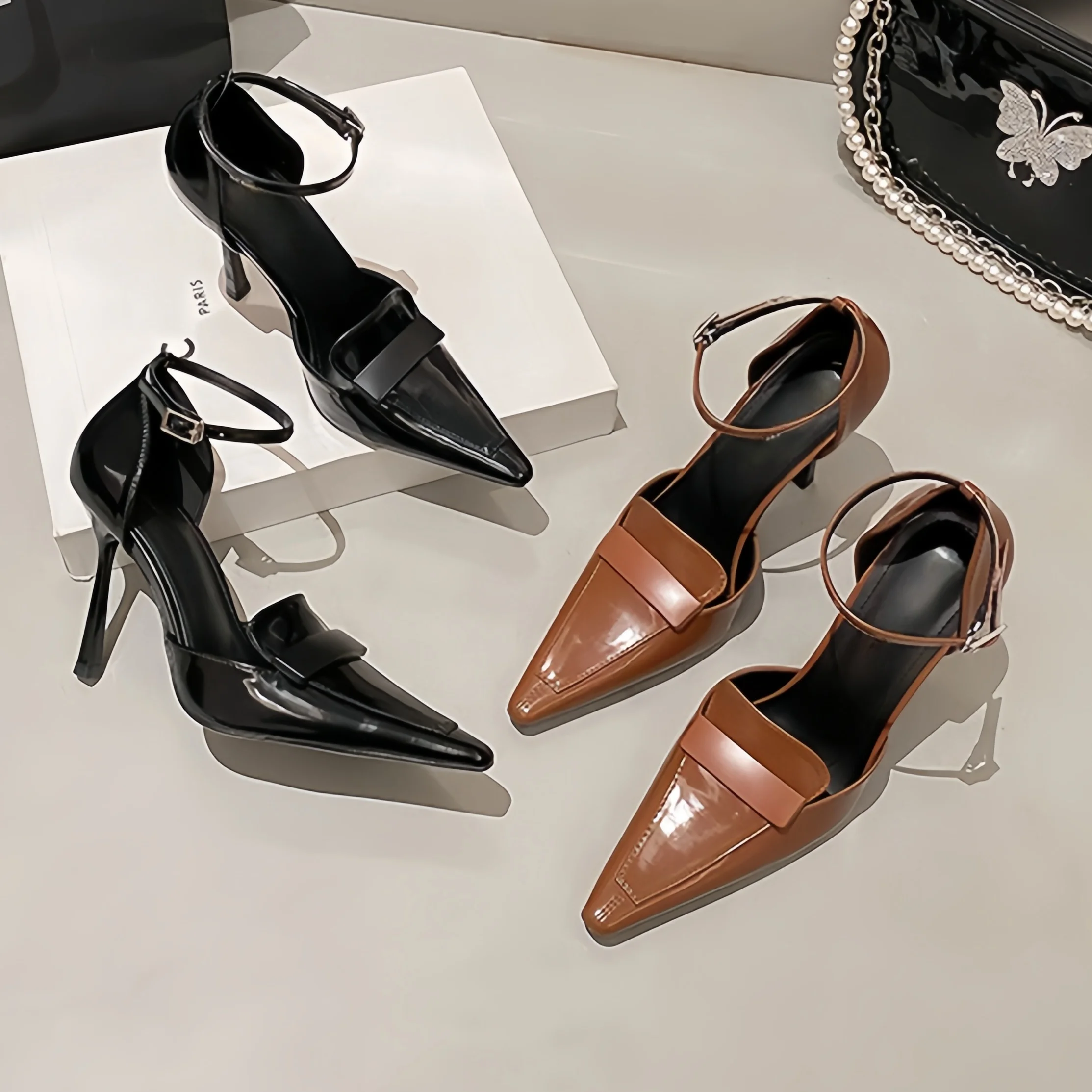 

Good Quality Stiletto Heels Shoes Pointed Toe High Heels Fine Heeled Sandals One Line Retro High-Heeled Shoes Side Somersault