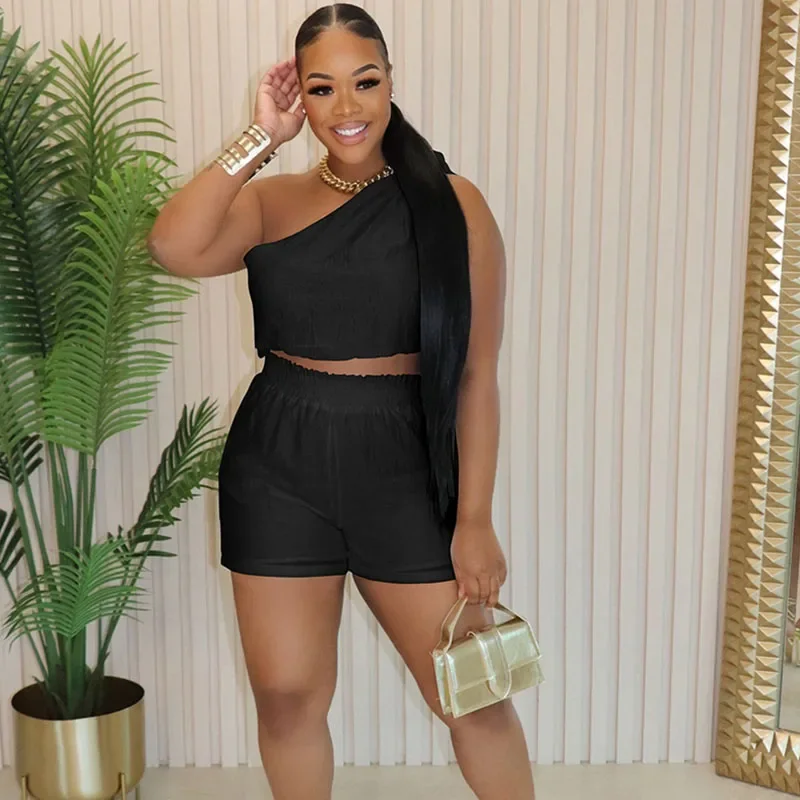 Solid Casual 2 Piece Set Woman Outfit Summer Clothes One Shoulder Draped Crop Top and Shorts Women Matching Sets Ensemble Short