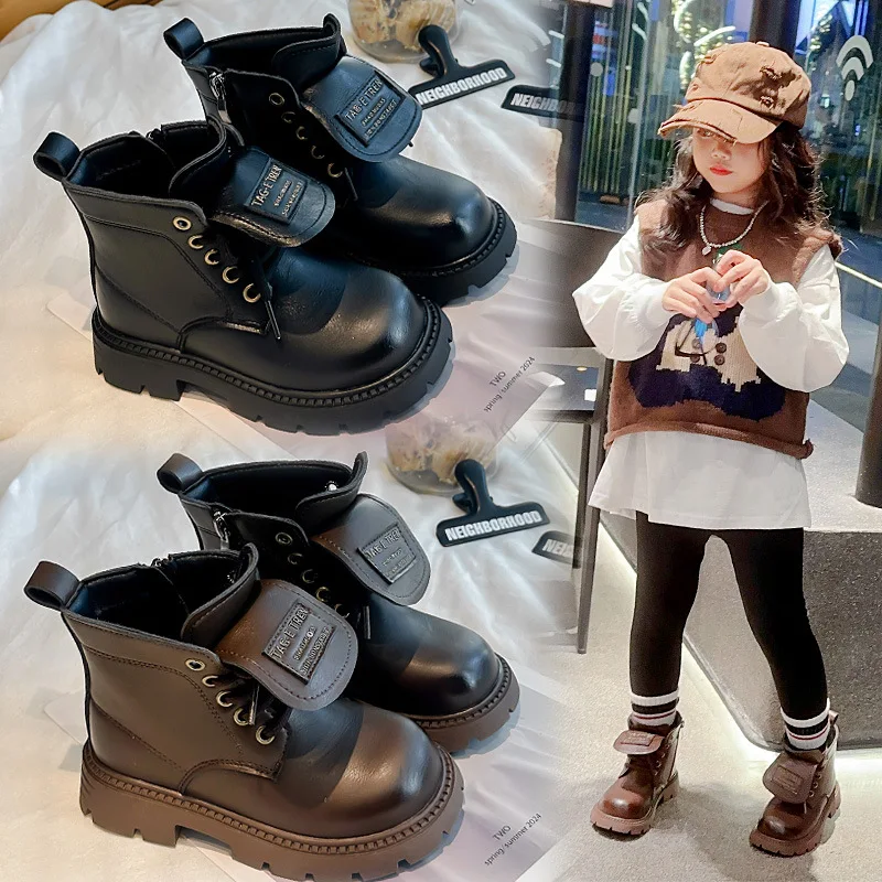 

Autumn Fashion Boots Girl Students British Style Non-slip Temperament PU Leather Boy Round Head Footwear Size 26-36