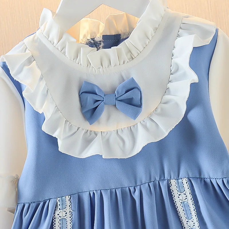 Spring Autumn  Toddler Girls\' Dress  Blue Bow Pleated Dresss Baby Girl A-line Skirt Princess Dress For Girls Ages 1 to 4