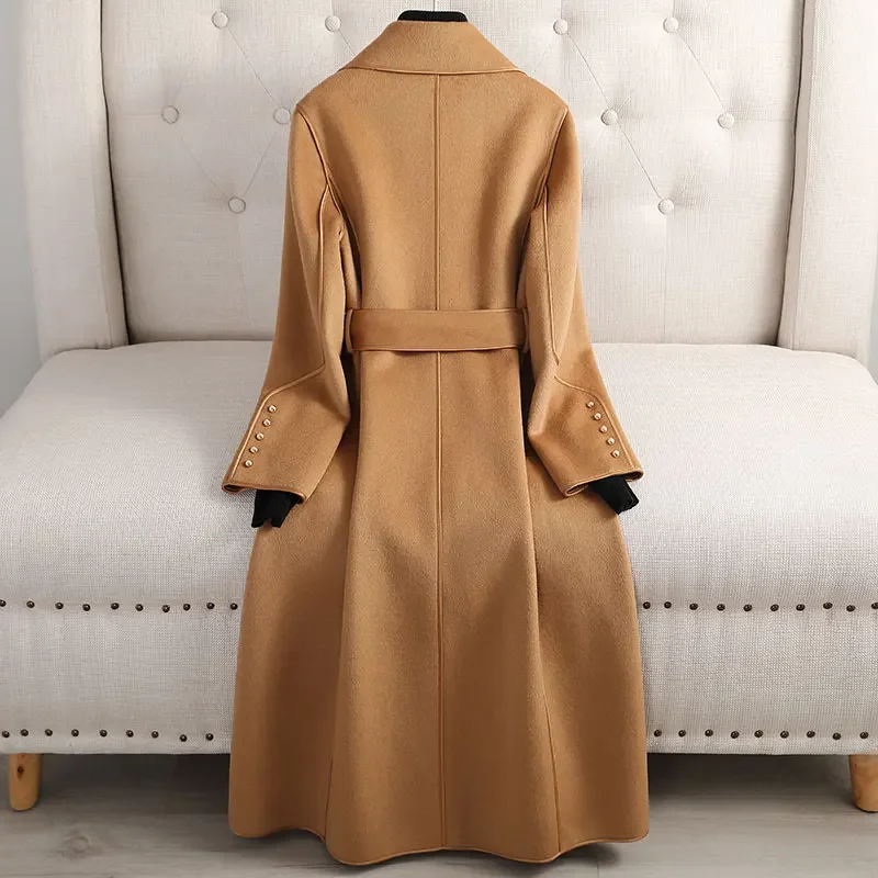 Patchwork Long Double sided 100% wool coat women 2025 spring autumn slim elegant jacket Korean Fashion casaco feminino
