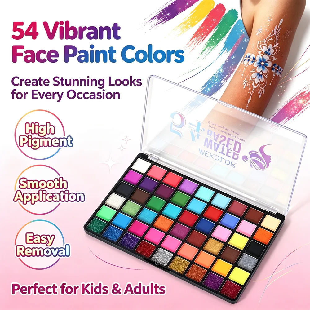 Face Body Paint Kit 54 Colors Water Based Glow Fluorescent Rainbow Palette Pigment for Halloween Cosplay Stage Party Makeup